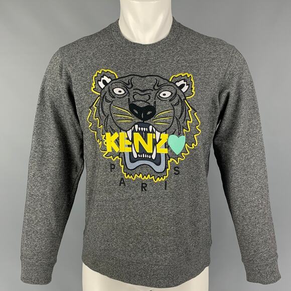 KENZO Size M Grey Yellow Embroidery Cotton Crew-Neck Pullover - Picture 1 of 5